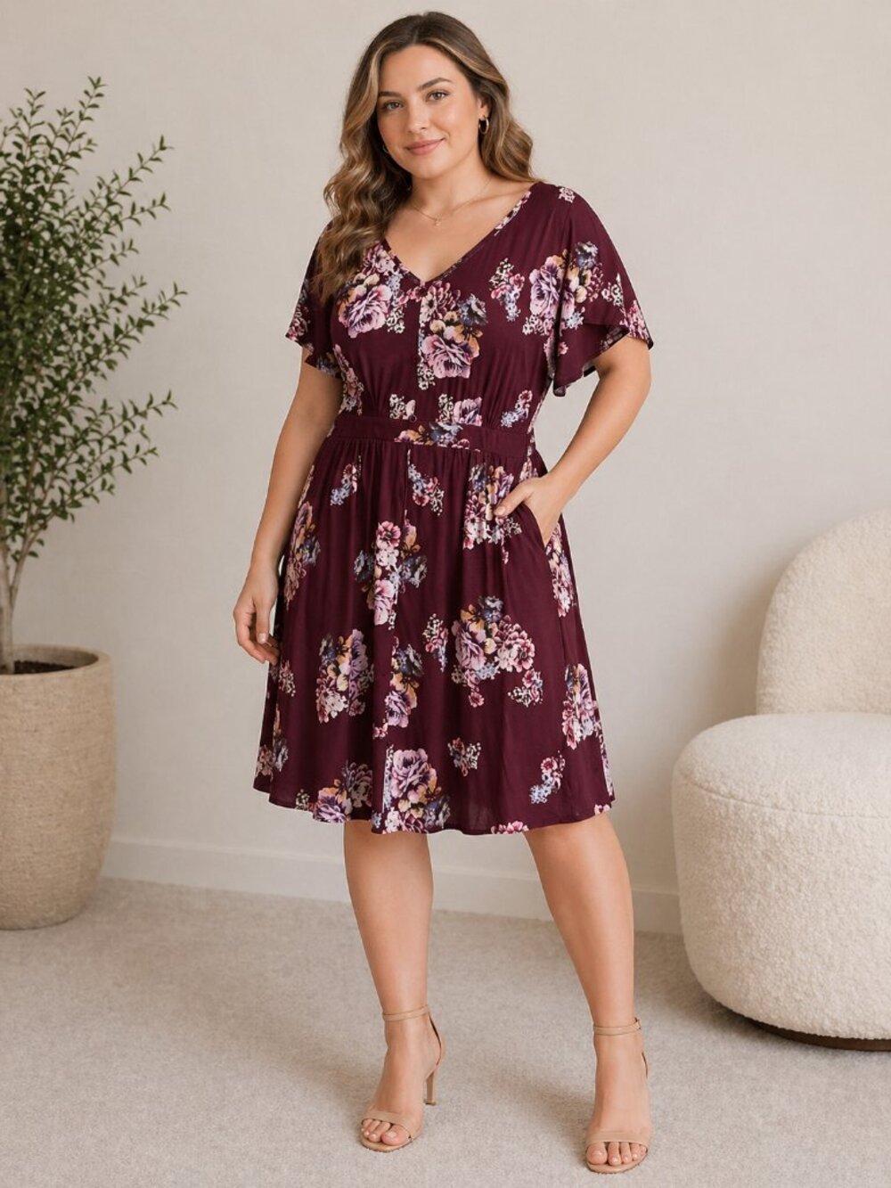 Burgundy Floral Dress with pockets Size Small